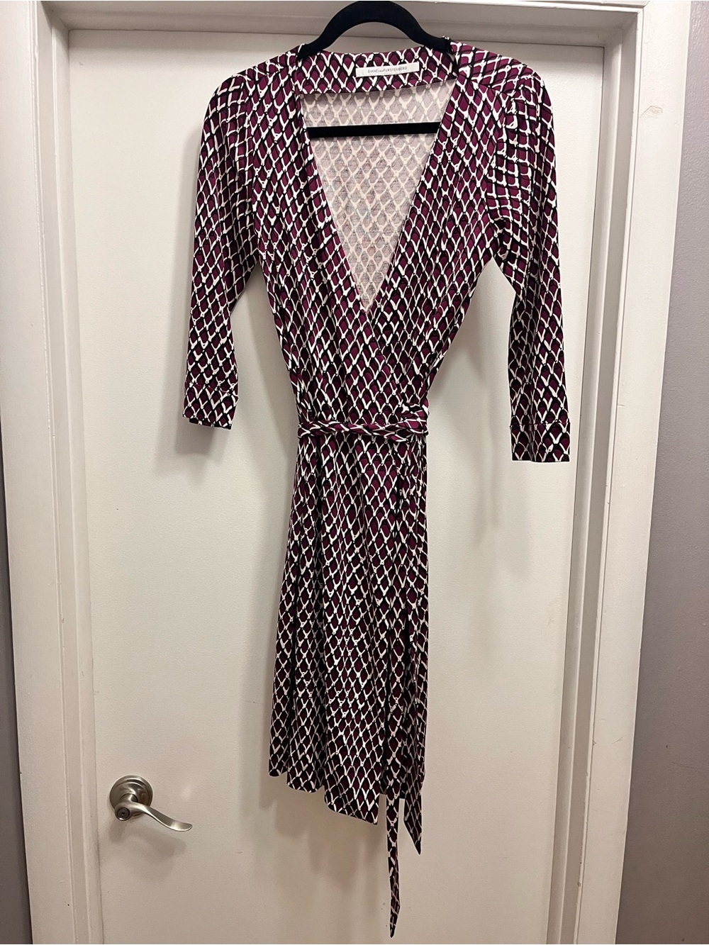 Diane Von Furstenberg Burgundy and White Geometric Wrap Dress